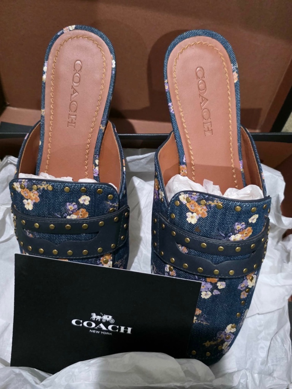 Coach Denim Floral Studded Slip-On Mules in Navy and Tan
